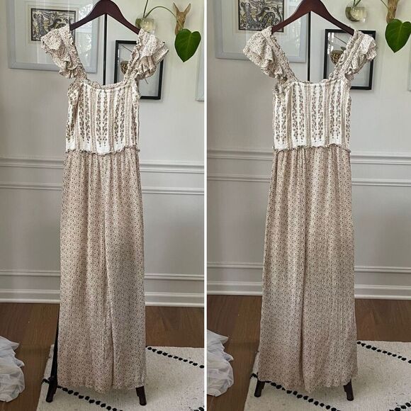 Sim & Sam Pants - Sim & Sam Smocked Top Jumpsuit Natural Ivory Calico S